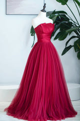 Formal Dresses Modest, Burgundy Satin Tulle Long Prom Dress, A-Line Strapless Evening Dress