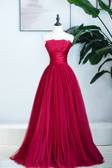Formal Dress Suits For Ladies, Burgundy Satin Tulle Long Prom Dress, A-Line Strapless Evening Dress