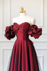 Aesthetic Dress, Burgundy Satin Tulle Long Prom Dress, Off Shoulder Evening Party Dress