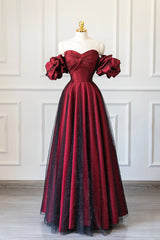 Prom Outfit, Burgundy Satin Tulle Long Prom Dress, Off Shoulder Evening Party Dress