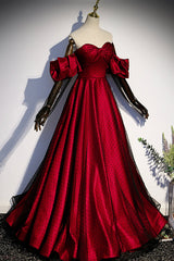 Prom Dress Tight Fitting, Burgundy Satin Tulle Long Prom Dress, Off the Shoulder Formal Evening Dress