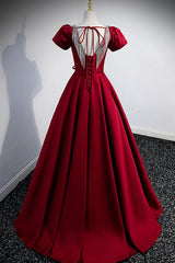 Bridesmaid Dresses Cheap, Burgundy Scoop Neckline Satin Long Prom Dress, Short Sleeve Evening Dress