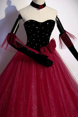 Prom Dress For Sale, Burgundy Strapless Tulle Long Prom Dress, A-Line Evening Party Dress