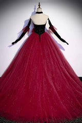 Prom Dress Tight, Burgundy Strapless Tulle Long Prom Dress, A-Line Evening Party Dress