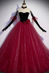 Prom Dresses For Sale, Burgundy Strapless Tulle Long Prom Dress, A-Line Evening Party Dress