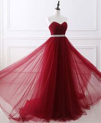 Prom Dresses Laced, Burgundy Sweet Neck Tulle Long Prom Gown, Burgundy Evening Dress