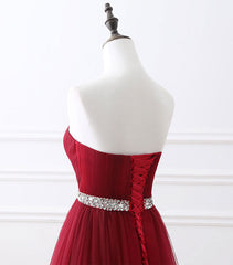 Prom Dress Lace, Burgundy Sweet Neck Tulle Long Prom Gown, Burgundy Evening Dress