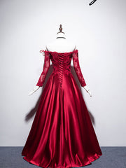 Prom Dress Graduacion, Burgundy Sweetheart Lace Satin Long Prom Dress Burgundy Evening Dress