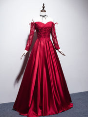 Prom Dress 3 7 Sleeves, Burgundy Sweetheart Lace Satin Long Prom Dress Burgundy Evening Dress