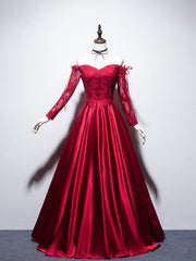 Prom Dressed Black, Burgundy Sweetheart Lace Satin Long Prom Dress Burgundy Evening Dress