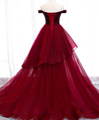 Bridesmaids Dresses Neutral, Burgundy Sweetheart Off Shoulder Tulle Long Prom Dress Tulle Formal Dress