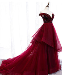 Bridesmaid Dress Neutral, Burgundy Sweetheart Off Shoulder Tulle Long Prom Dress Tulle Formal Dress