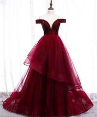 Bridesmaid Dress Dark, Burgundy Sweetheart Off Shoulder Tulle Long Prom Dress Tulle Formal Dress