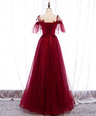 Bridesmaid Dresses Under 103, Burgundy Sweetheart Tulle Lace Long Prom Dress Burgundy Formal Dress