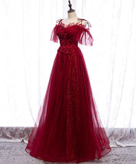 Bridesmaid Dresses Affordable, Burgundy Sweetheart Tulle Lace Long Prom Dress Burgundy Formal Dress