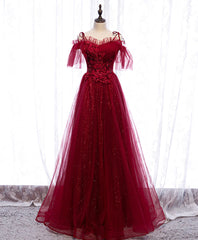 Bridesmaid Dresses Different Styles, Burgundy Sweetheart Tulle Lace Long Prom Dress Burgundy Formal Dress