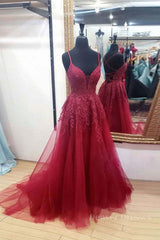 Party Dress On Line, Burgundy sweetheart tulle lace long prom dress formal dress