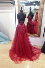 Party Dress Style Shop, Burgundy sweetheart tulle lace long prom dress formal dress