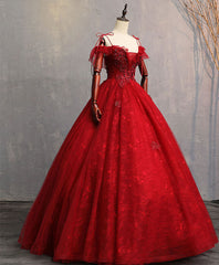 Bridesmaid Dresses Weddings, Burgundy Sweetheart Tulle Lace Long Prom Gown, Lace Formal Dress