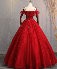 Bridesmaids Dress Inspiration, Burgundy Sweetheart Tulle Lace Long Prom Gown, Lace Formal Dress