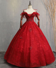 Bridesmaid Dress Wedding, Burgundy Sweetheart Tulle Lace Long Prom Gown, Lace Formal Dress