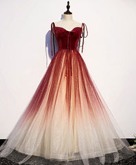 Bridesmaid Dress With Lace, Burgundy Sweetheart Tulle Long Prom Dress Burgundy Evening Dress