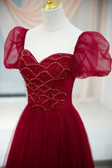 Formal Dresses Long Blue, Burgundy Tulle Beaded Long Prom Dress, A-Line Short Sleeve Evening Dress