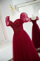 Formal Dress For Party Wear, Burgundy Tulle Beaded Long Prom Dress, A-Line Short Sleeve Evening Dress