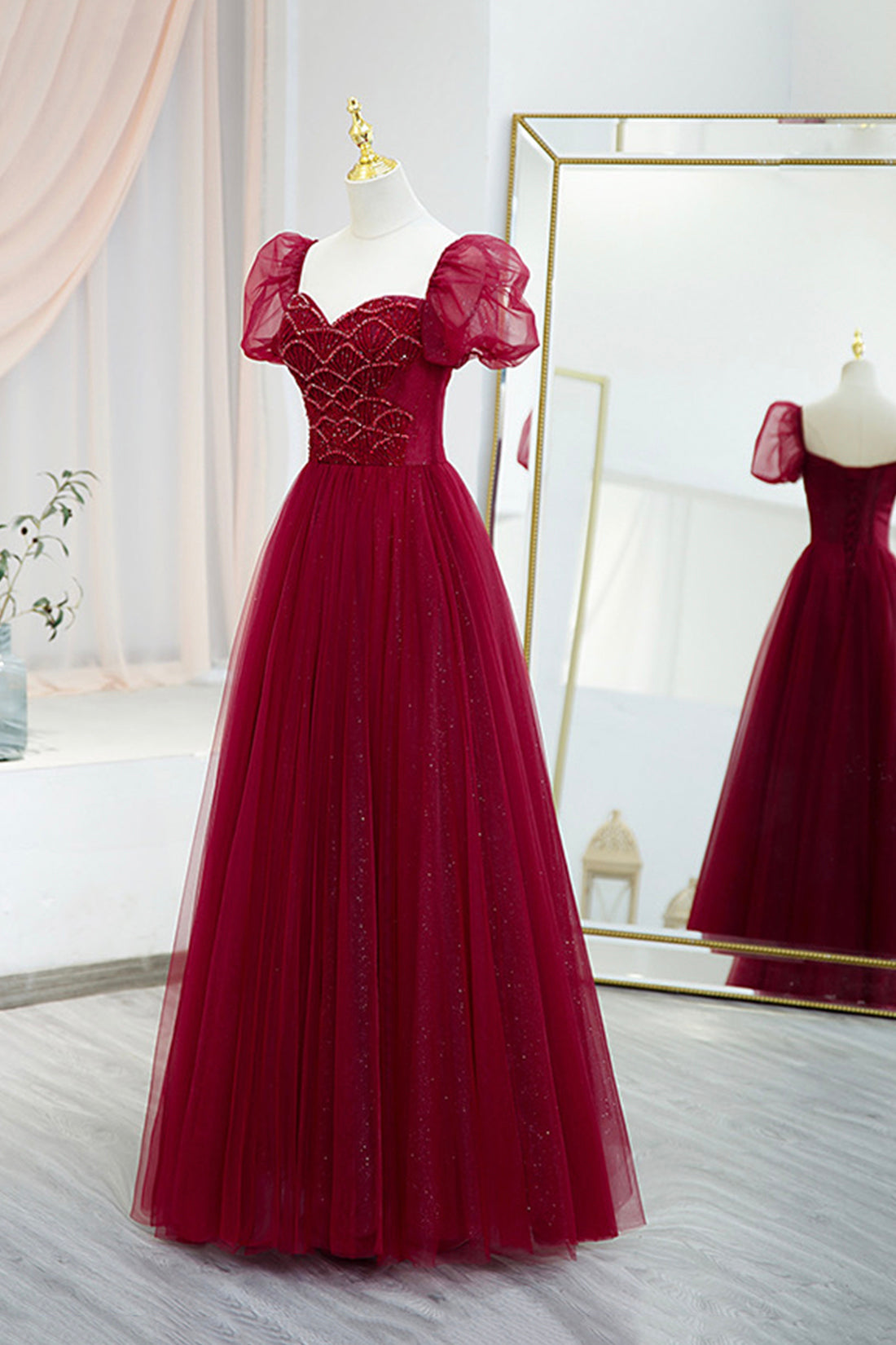 Formal Dresses Australia, Burgundy Tulle Beaded Long Prom Dress, A-Line Short Sleeve Evening Dress