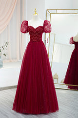 Formal Dress Floral, Burgundy Tulle Beaded Long Prom Dress, A-Line Short Sleeve Evening Dress