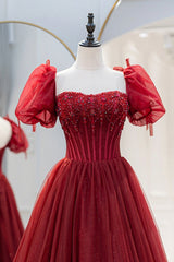 Evening Dresses On Sale, Burgundy Tulle Beaded Long Prom Dress, A-Line Short Sleeve Formal Dress