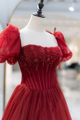 Evening Dresses Online, Burgundy Tulle Beaded Long Prom Dress, A-Line Short Sleeve Formal Dress