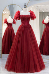 Evening Dresses Online Shopping, Burgundy Tulle Beaded Long Prom Dress, A-Line Short Sleeve Formal Dress