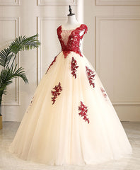 Bridesmaid Dresses Satin, Burgundy Tulle Beads Lace Long Prom Dress Sweet 16 Dress