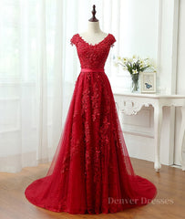 Evening Dresses Elegant Classy, Burgundy tulle lace applique long prom dress, burgundy evening dress