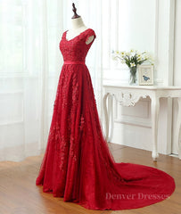 Evening Dress Elegant Classy, Burgundy tulle lace applique long prom dress, burgundy evening dress