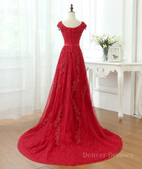 Evening Dress Italy, Burgundy tulle lace applique long prom dress, burgundy evening dress