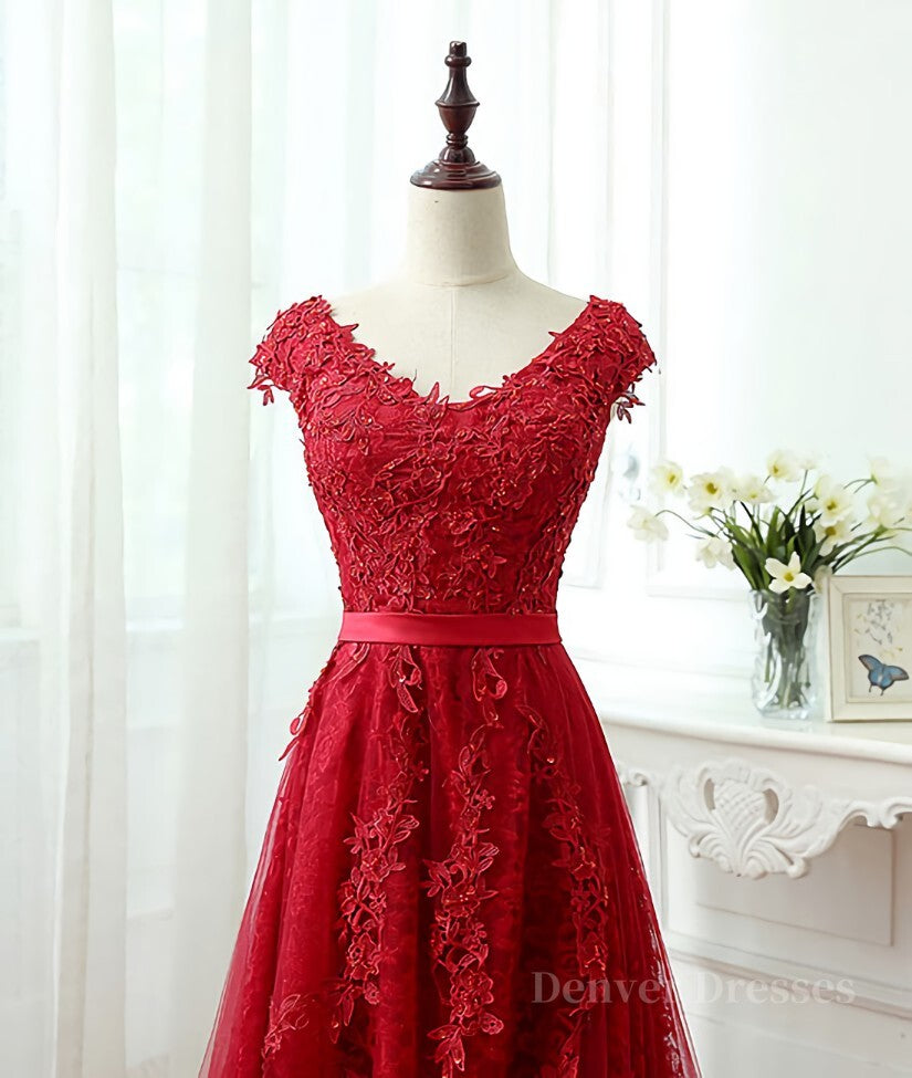 Evening Dresses Petite, Burgundy tulle lace applique long prom dress, burgundy evening dress