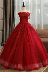 Wedding Shoes, Burgundy Tulle Lace Long Prom Dress, Burgundy A-Line Evening Gown