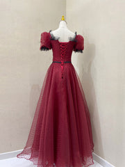 Prom Dresses Around Me, Burgundy Tulle Lace Long Prom Dress, Burgundy Evening Dress