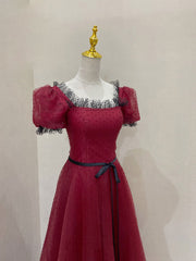 Prom Dress2026, Burgundy Tulle Lace Long Prom Dress, Burgundy Evening Dress
