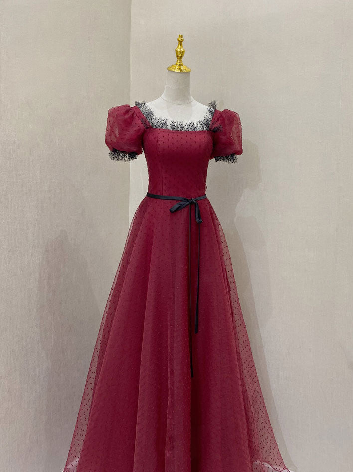 Prom Dressed 2026, Burgundy Tulle Lace Long Prom Dress, Burgundy Evening Dress