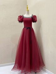 Prom Dress 2021, Burgundy Tulle Lace Long Prom Dress, Burgundy Evening Dress