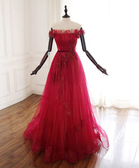 Bridesmaid Dress Style Long, Burgundy Tulle Lace Long Prom Dress Burgundy Tulle Lace Evening Dress