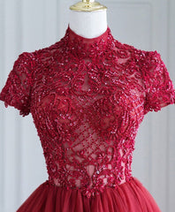 Wedding Inspo, Burgundy Tulle Lace Long Prom Dress, Tulle Lace Evening Dress