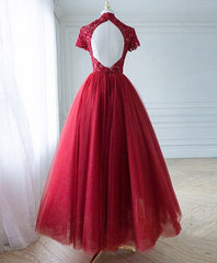 Spring Wedding, Burgundy Tulle Lace Long Prom Dress, Tulle Lace Evening Dress