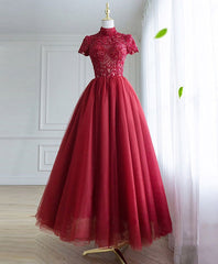 Wedding Photo Ideas, Burgundy Tulle Lace Long Prom Dress, Tulle Lace Evening Dress