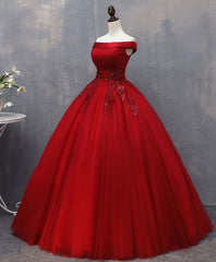 Bridesmaid Dress By Color, Burgundy Tulle Lace Off Shoulder Long Prom Gown Burgundy Evening Dress