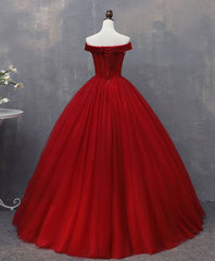 Bridesmaids Dress Trends, Burgundy Tulle Lace Off Shoulder Long Prom Gown Burgundy Evening Dress