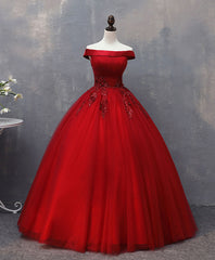 Bridesmaids Dresses By Color, Burgundy Tulle Lace Off Shoulder Long Prom Gown Burgundy Evening Dress